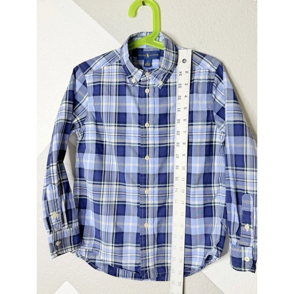 Ralph Lauren Boys Size 6 Blue Plaid Long Sleeve Button Down Cotton Shirt Preppy